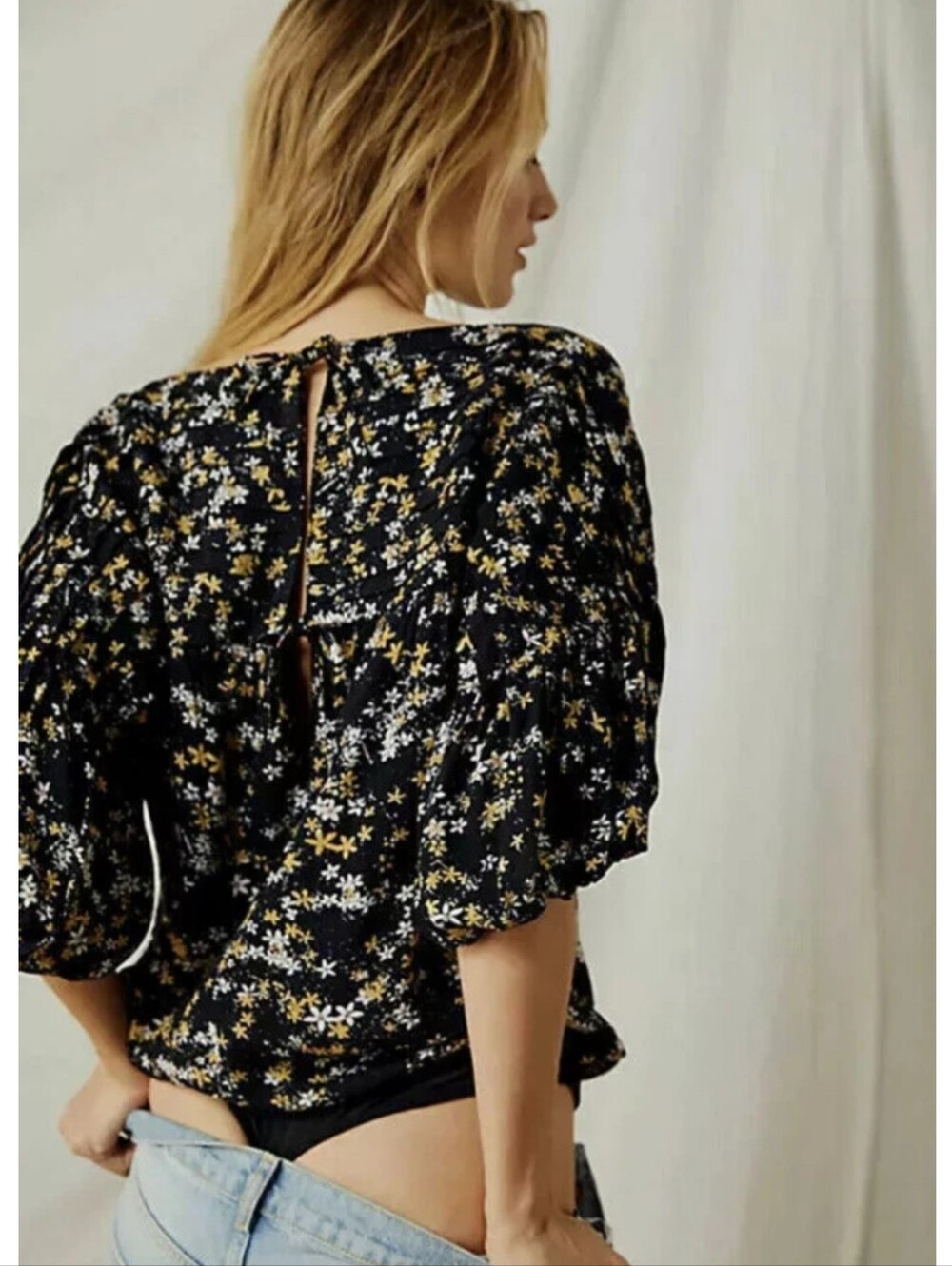 Free People Dessa Bodysuit Black Floral Women's XS Bohemian Hippie Retro Prairie - Picture 3 of 14